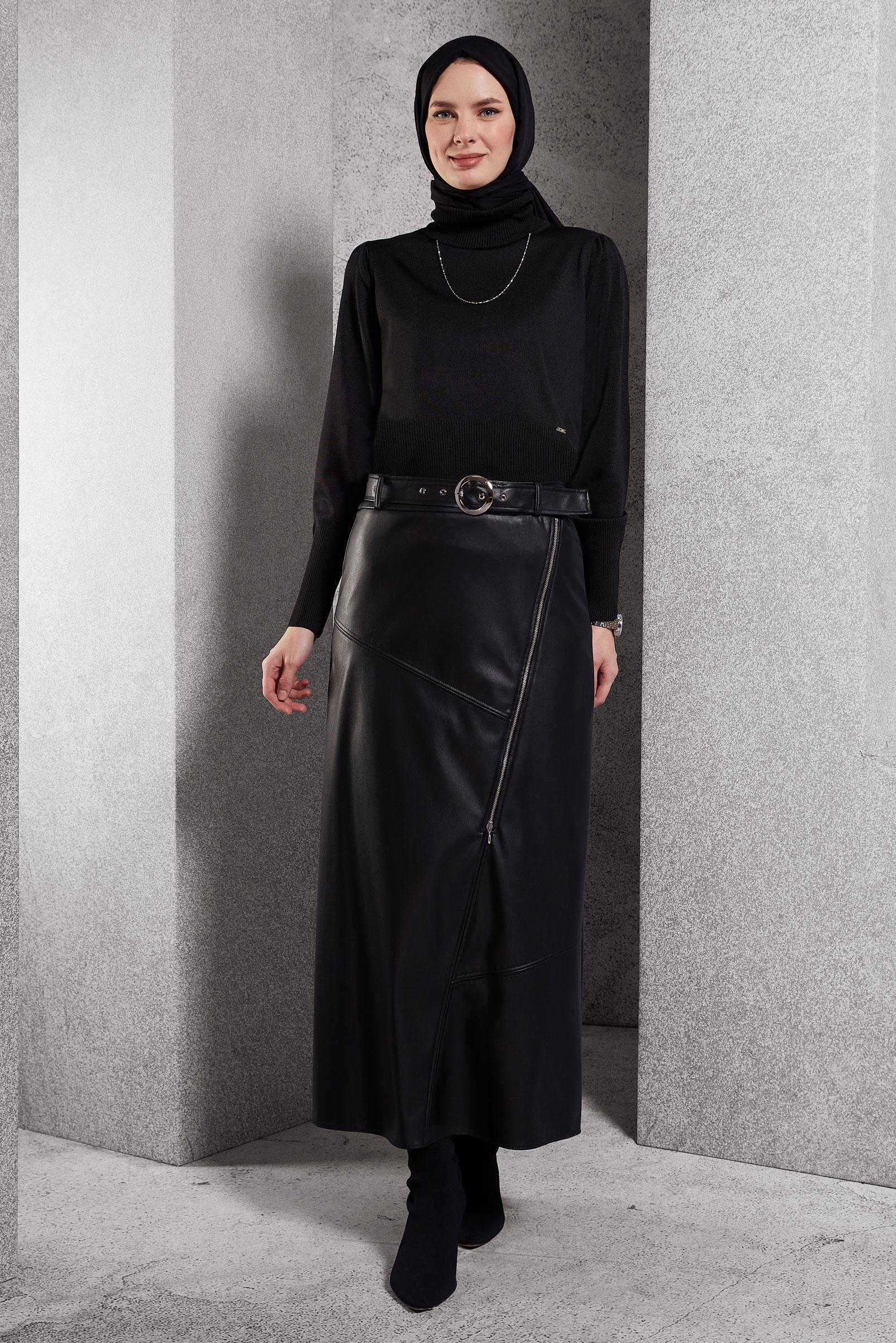 Tesettür giyim SİYAH KEMERLİ SUNİ DERİ ETEK 60638