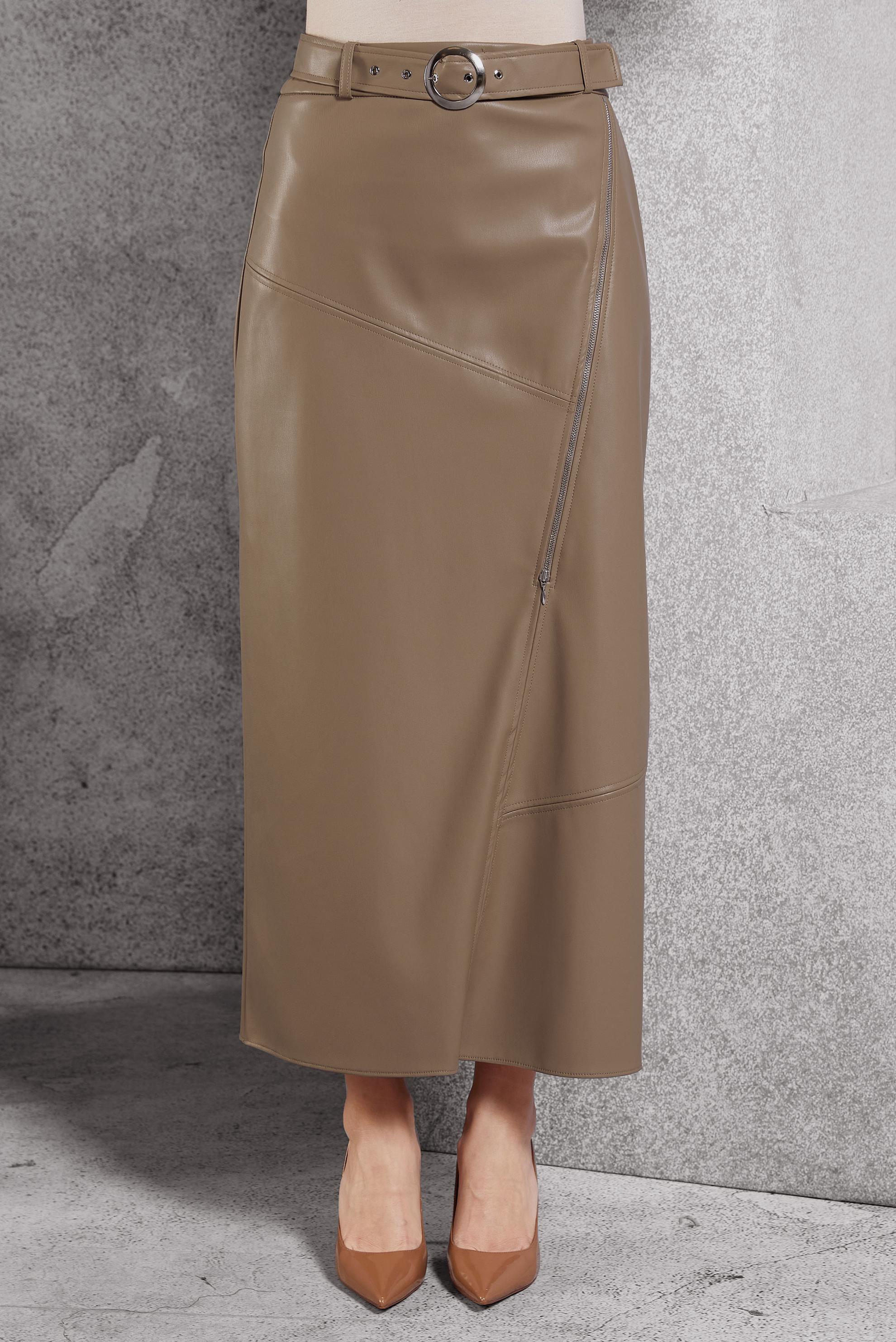 Tesettür giyim VİZON KEMERLİ SUNİ DERİ ETEK 60638