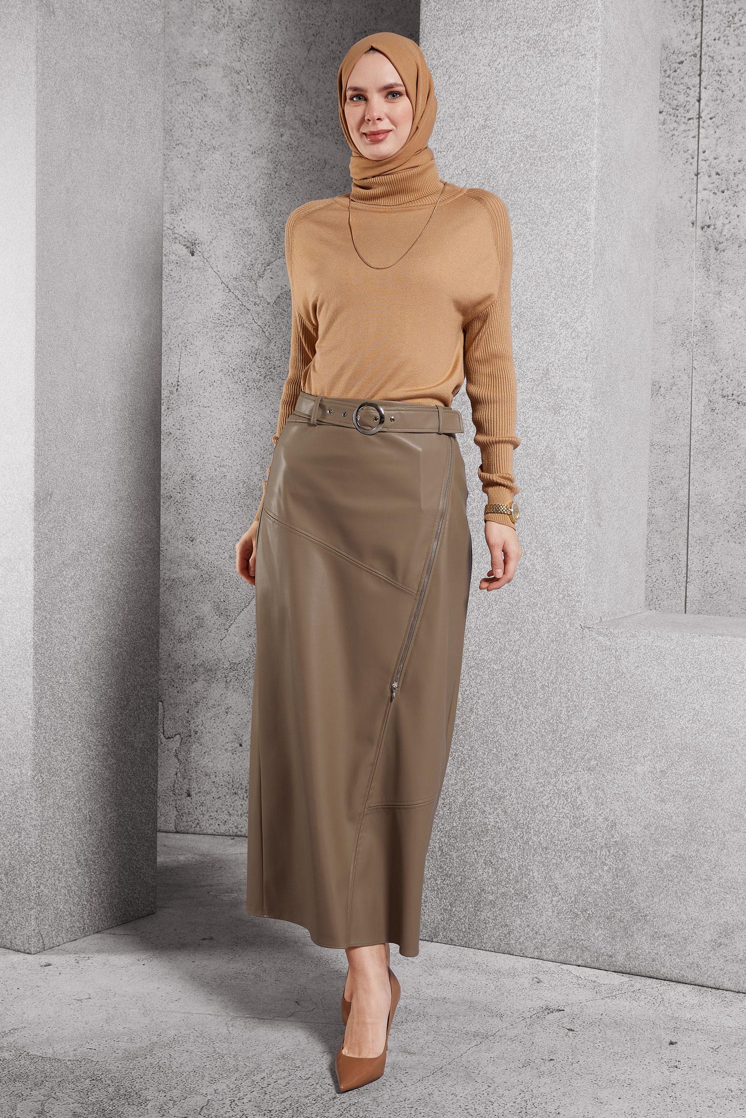 Tesettür giyim VİZON KEMERLİ SUNİ DERİ ETEK 60638