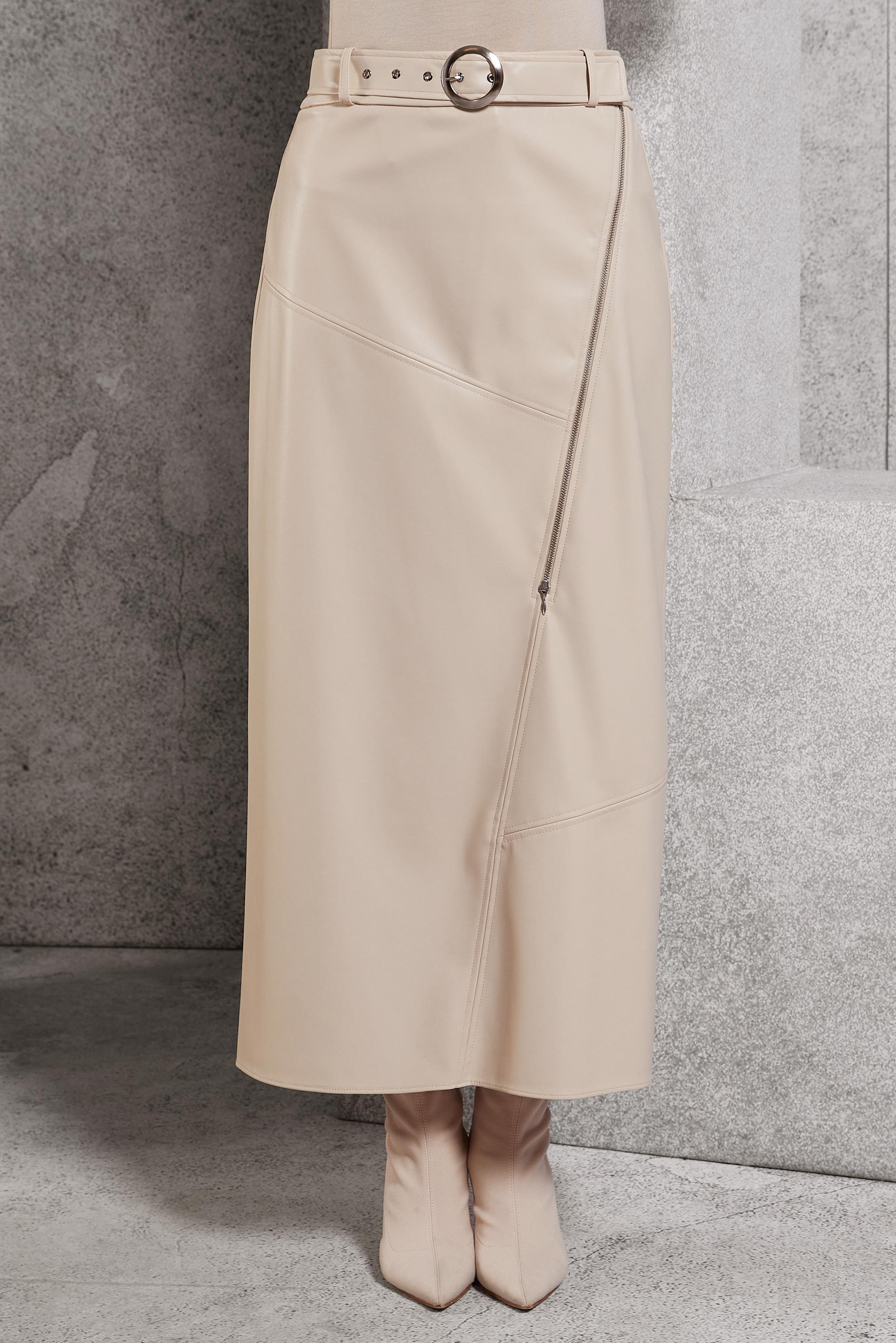 Tesettür giyim BEJ KEMERLİ SUNİ DERİ ETEK 60638