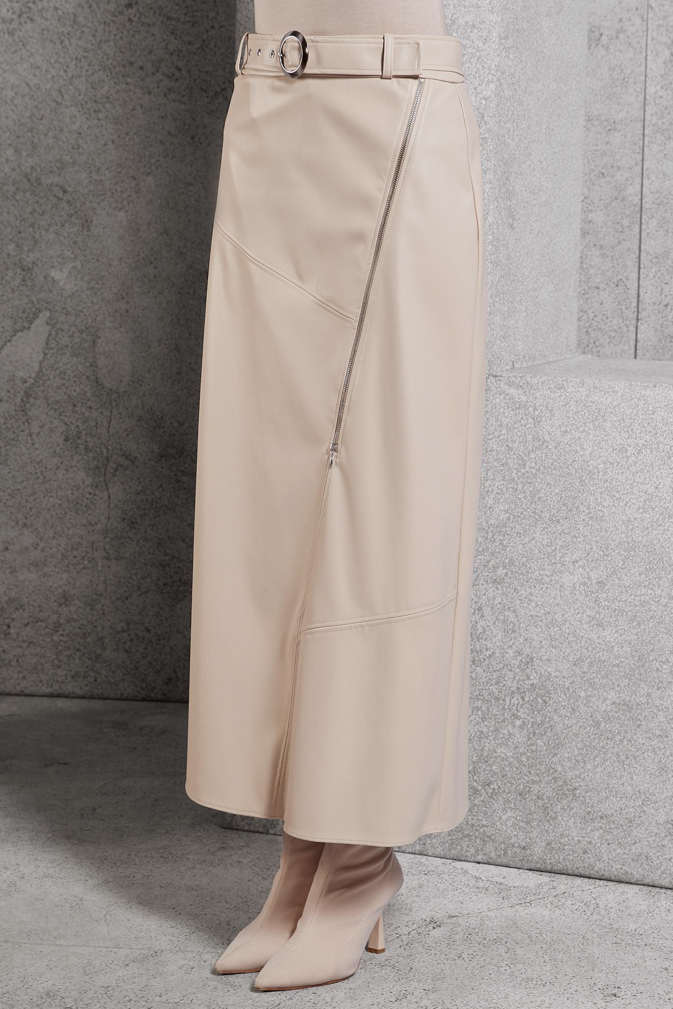 Tesettür giyim BEJ KEMERLİ SUNİ DERİ ETEK 60638