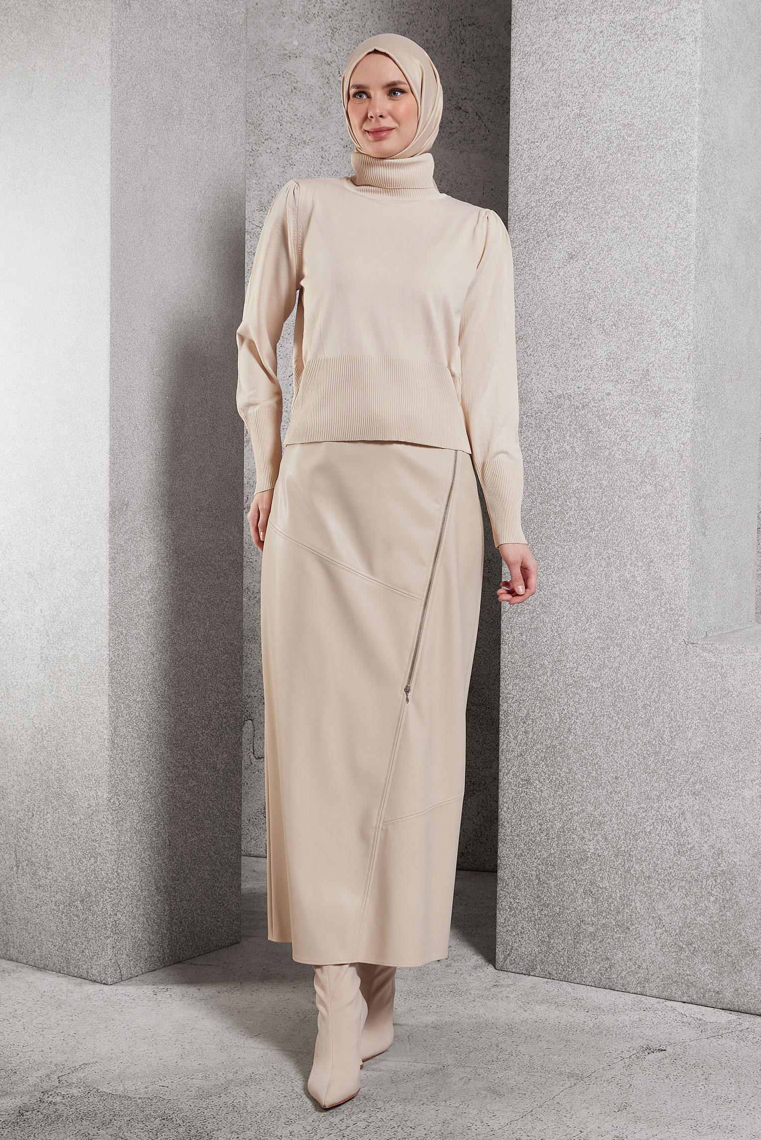 Tesettür giyim BEJ KEMERLİ SUNİ DERİ ETEK 60638