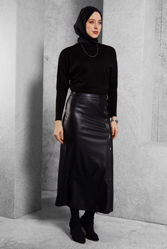 Vêtements hijab NOIR JUPE EN SIMILI CUIR 60639 - ALVİNA