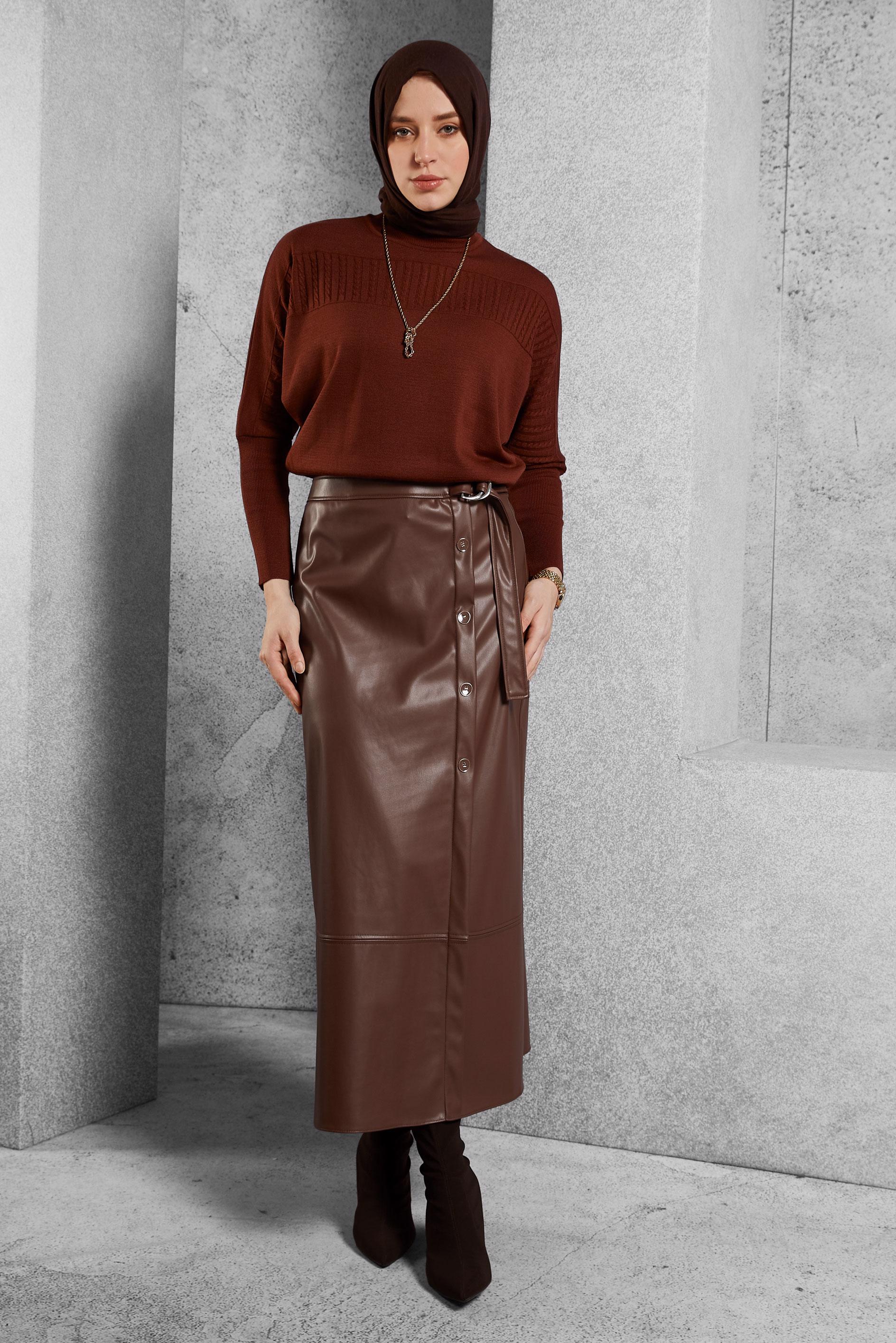 Tesettür giyim TABA SUNİ DERİ ETEK 60639