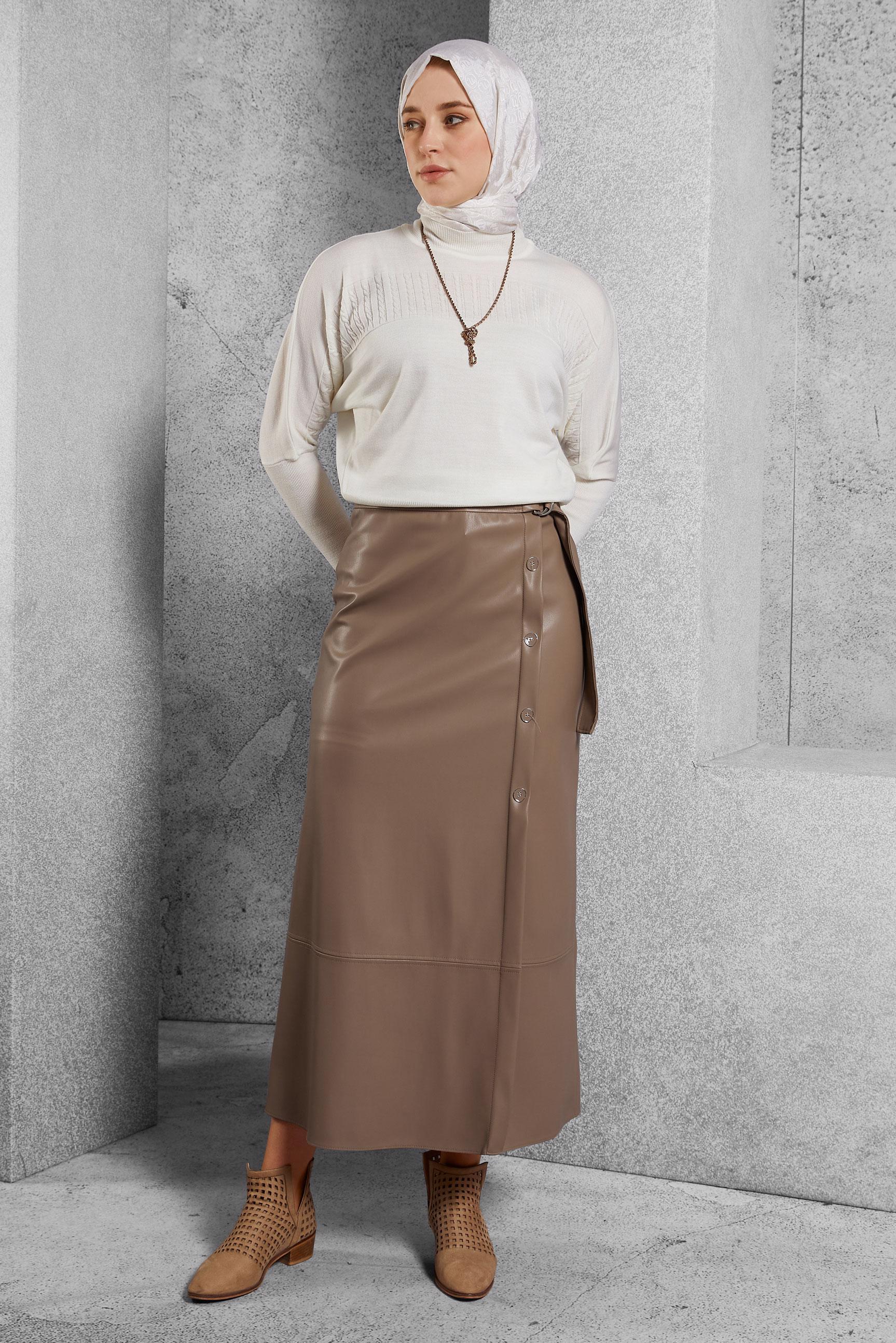 Tesettür giyim VİZON SUNİ DERİ ETEK 60639