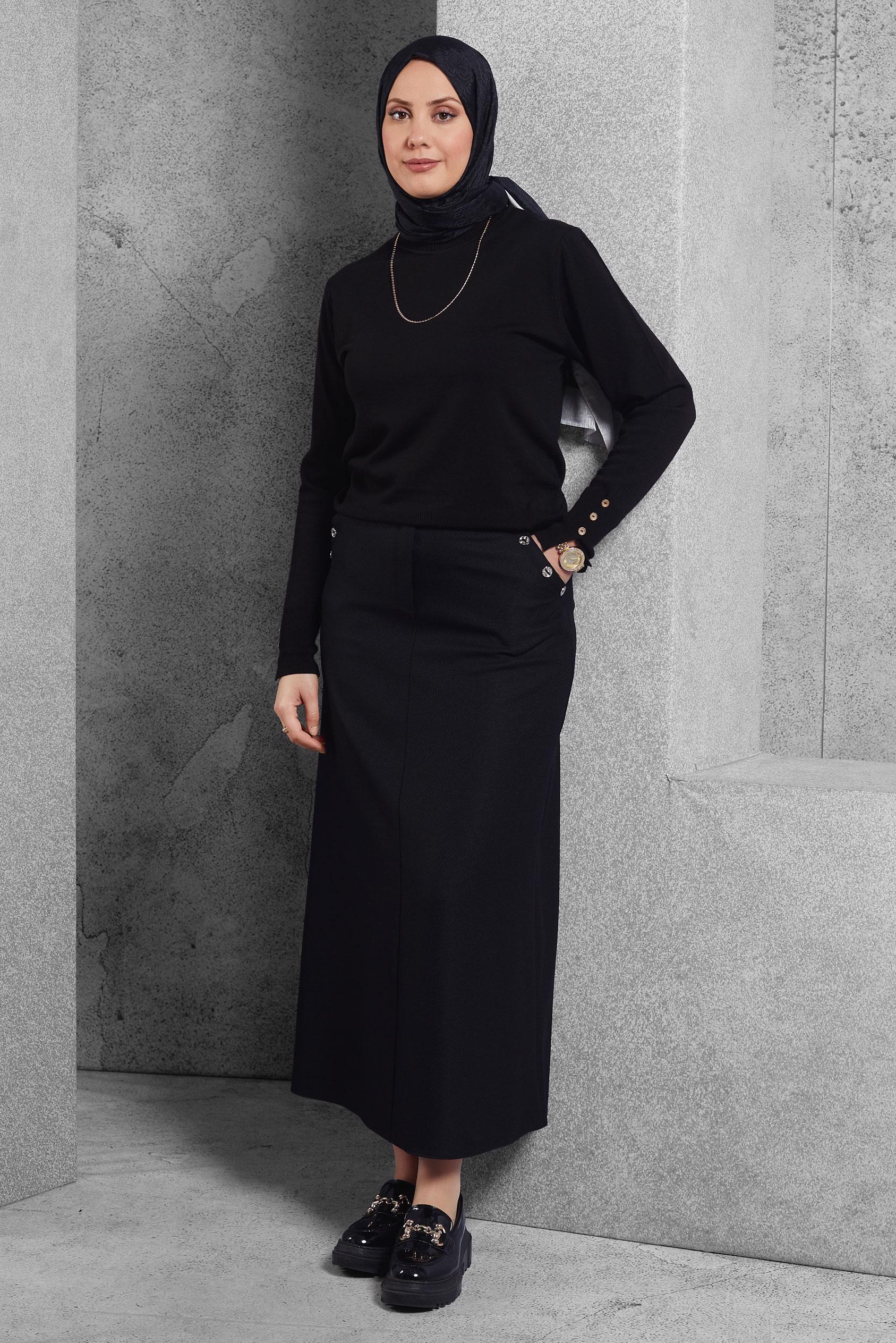 Tesettür giyim SİYAH DÜĞME AKSESUARLI ETEK 60640