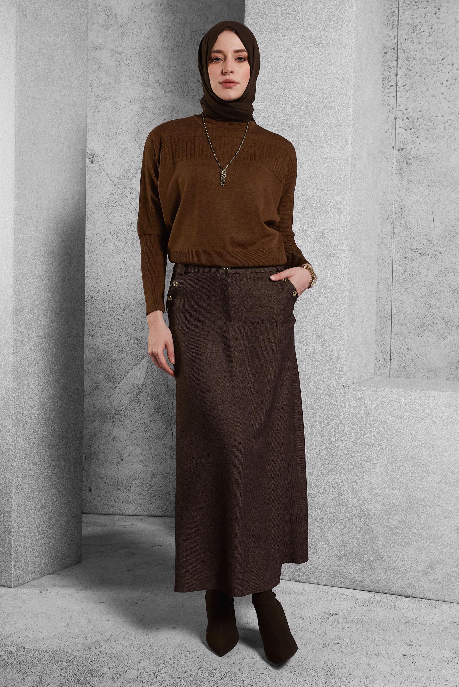 Tesettür giyim KAHVE DÜĞME AKSESUARLI ETEK 60640