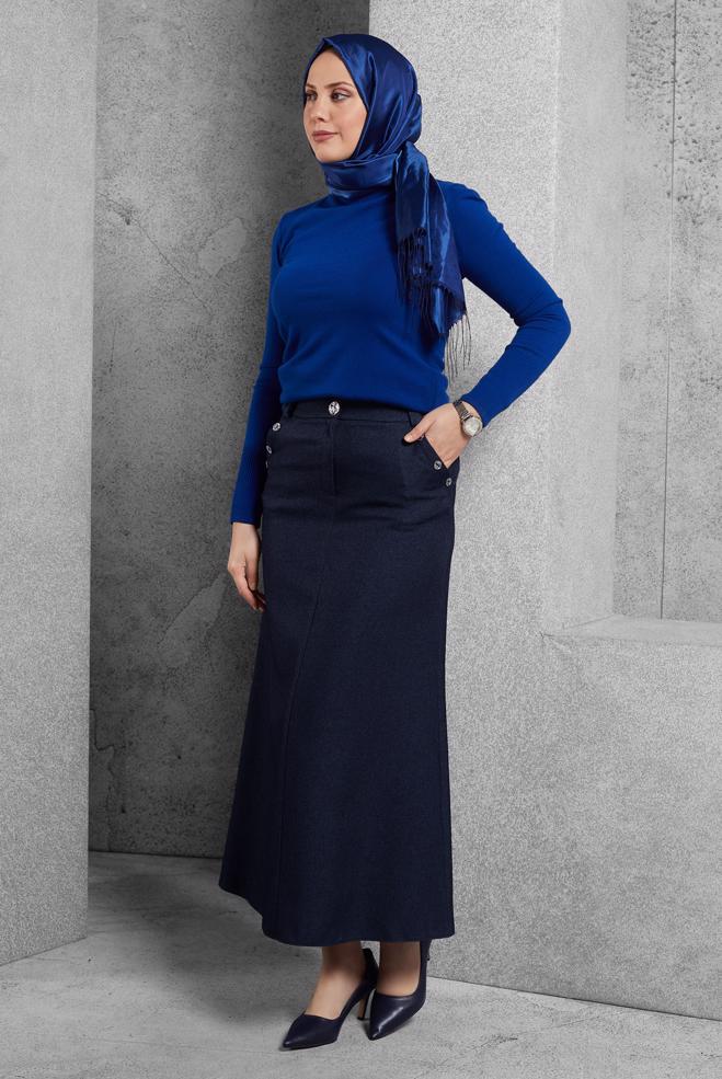 Vêtements hijab BLEU MARINE JUPE ACCESSOIRE À BOUTONS 60640 - ALVİNA