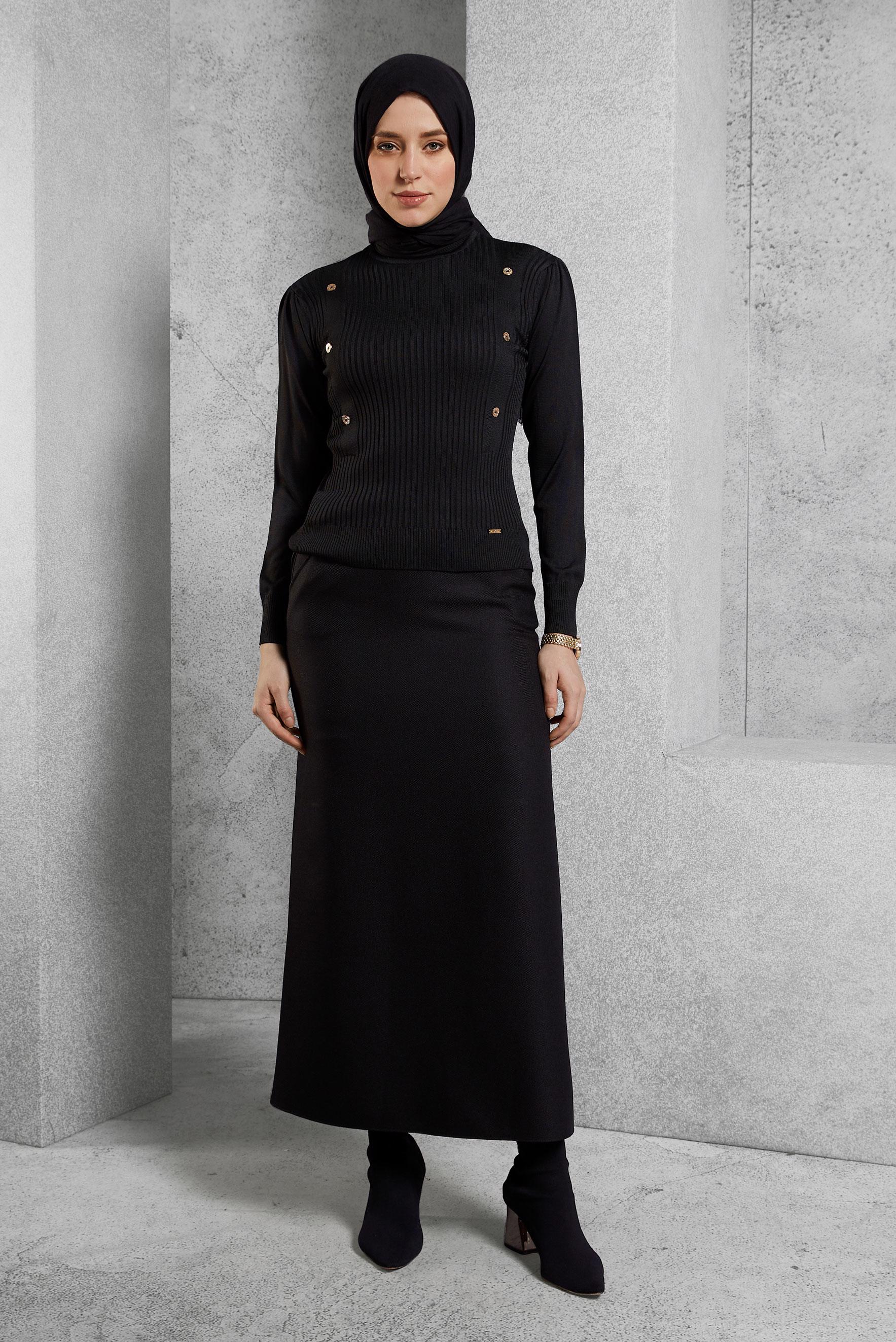 Tesettür giyim SİYAH KUŞAK DETAYLI ETEK 60642