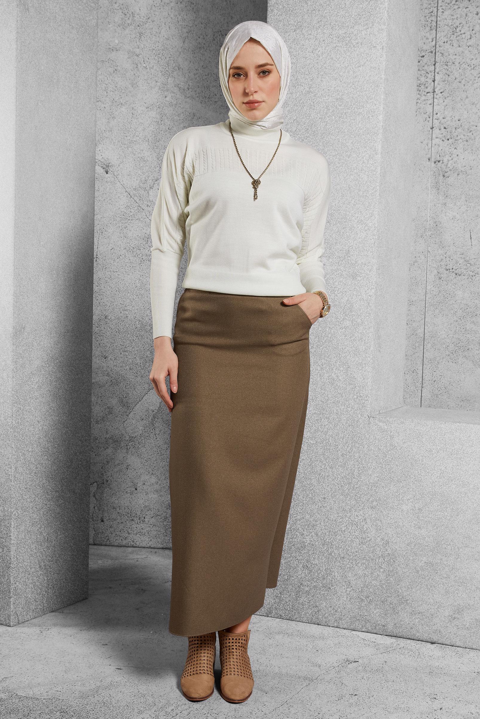 Tesettür giyim KAHVE KUŞAK DETAYLI ETEK 60642
