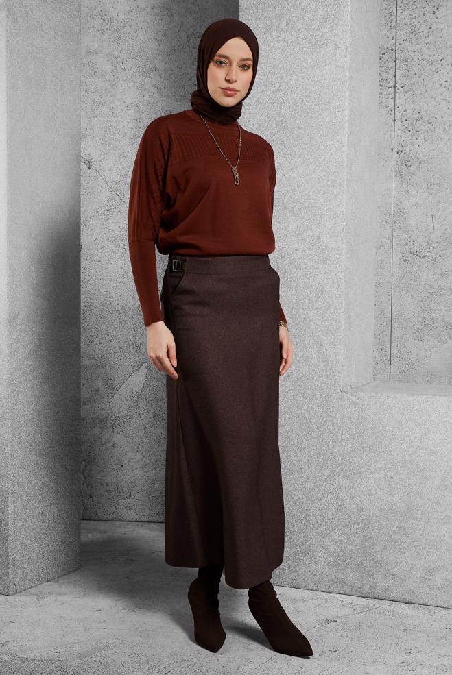 Vêtements hijab BRUN JUPE AVEC DÉTAIL CEINTURE 60642 - ALVİNA