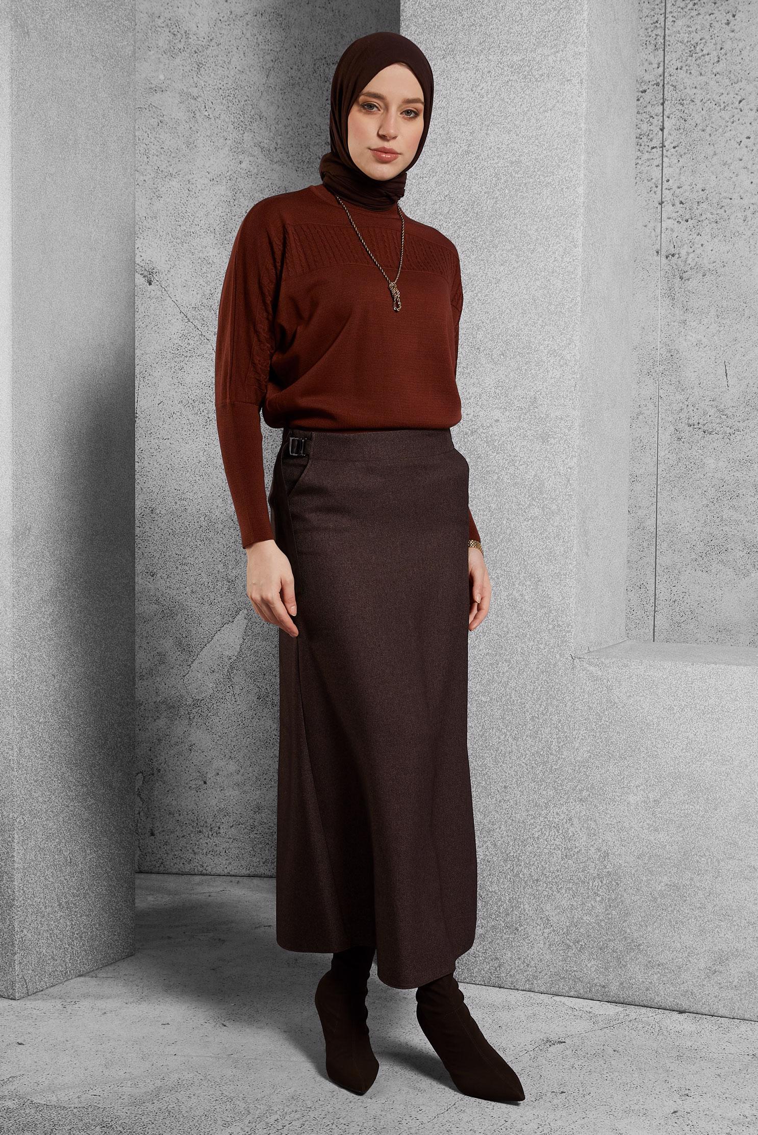 Tesettür giyim KAHVE KUŞAK DETAYLI ETEK 60642