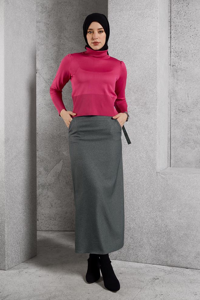 Vêtements hijab GRIS JUPE AVEC DÉTAIL CEINTURE 60642 - ALVİNA