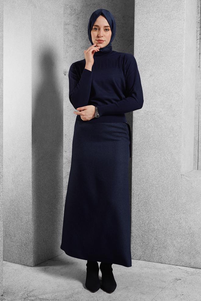 Vêtements hijab BLEU MARINE JUPE AVEC DÉTAIL CEINTURE 60642 - ALVİNA