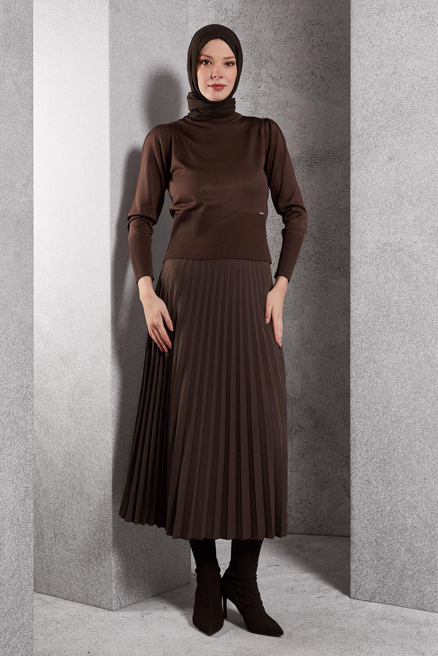 Tesettür giyim KAHVE PİLİSELİ TESETTÜR ETEK 60623