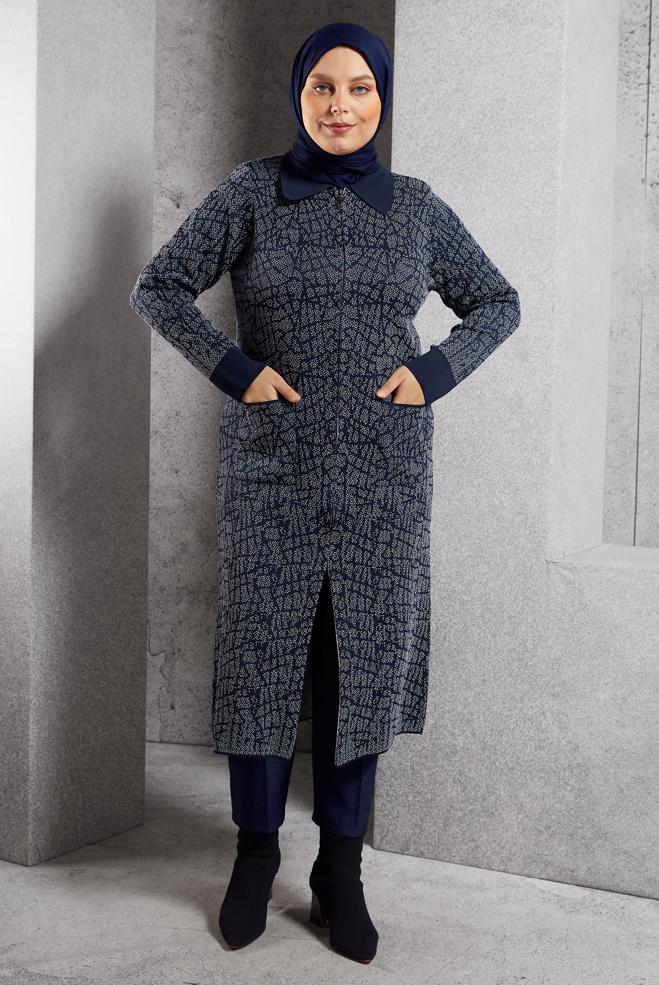 Hijab clothing NAVY BLUE PATTERNED KNITWEAR CARDIGAN 20600 - ALVİNA