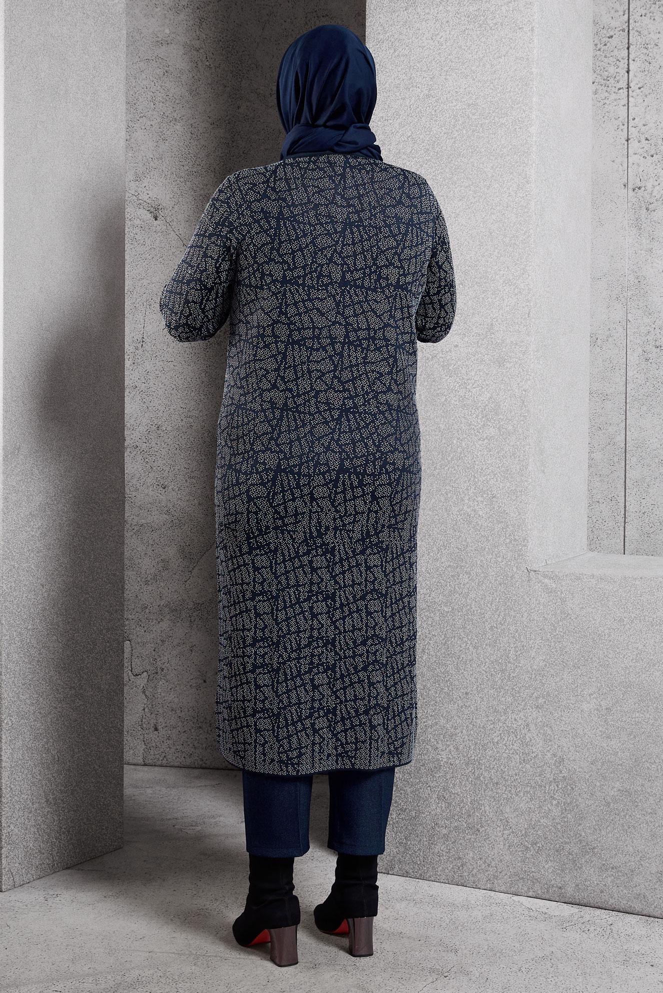 Hijab clothing NAVY BLUE PATTERNED KNITWEAR CARDIGAN 20600