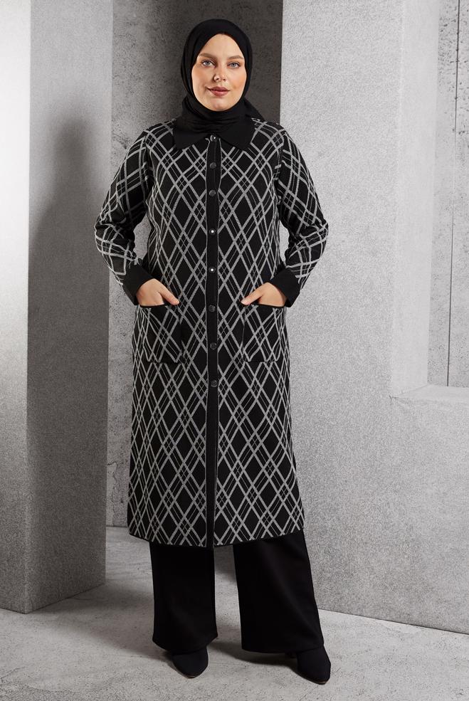 Hijab clothing BLACK PATTERNED KNITWEAR CARDIGAN 20601 - ALVİNA