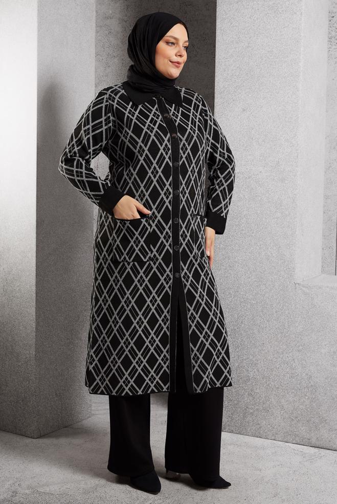 Hijab clothing BLACK PATTERNED KNITWEAR CARDIGAN 20601 - ALVİNA