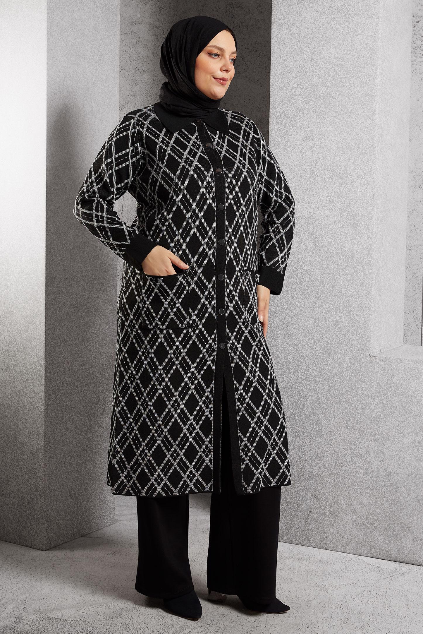 Hijab clothing BLACK PATTERNED KNITWEAR CARDIGAN 20601