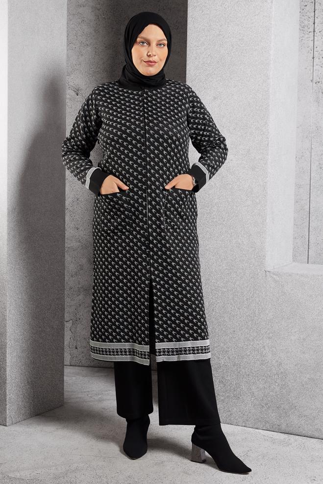 Hijab clothing BLACK PATTERNED KNITWEAR CARDIGAN 20603 - ALVİNA