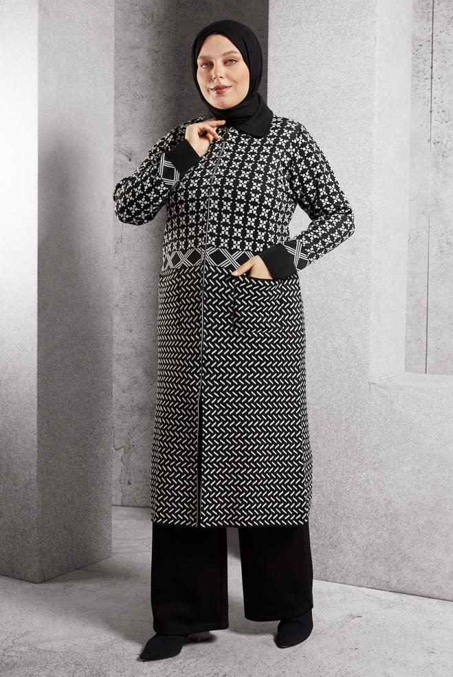Hijab clothing BLACK PATTERNED KNITWEAR CARDIGAN 20604 - ALVİNA