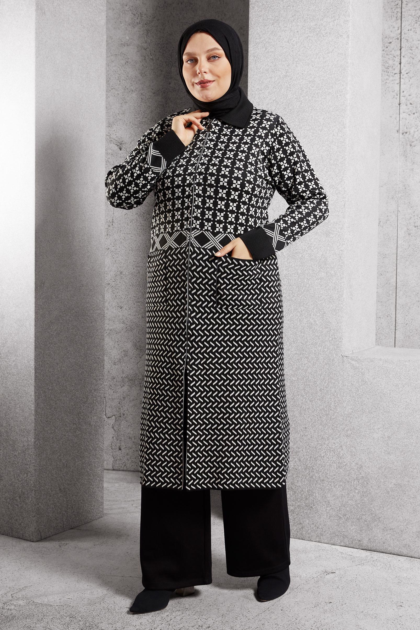 Hijab clothing BLACK PATTERNED KNITWEAR CARDIGAN 20604