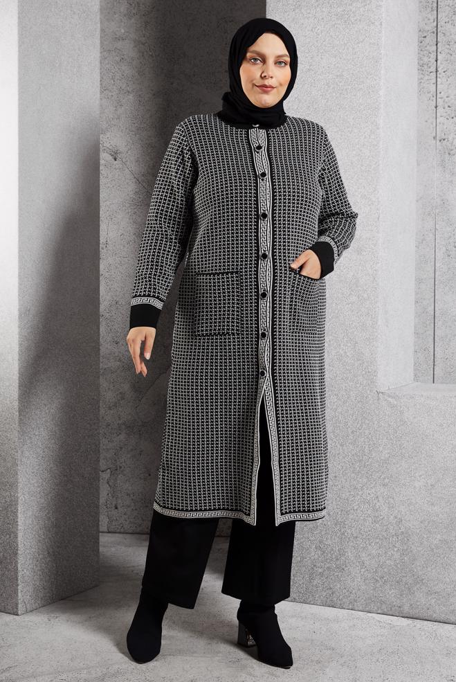 Tesettür giyim SİYAH DESENLİ TRİKO HIRKA 20605 - ALVİNA