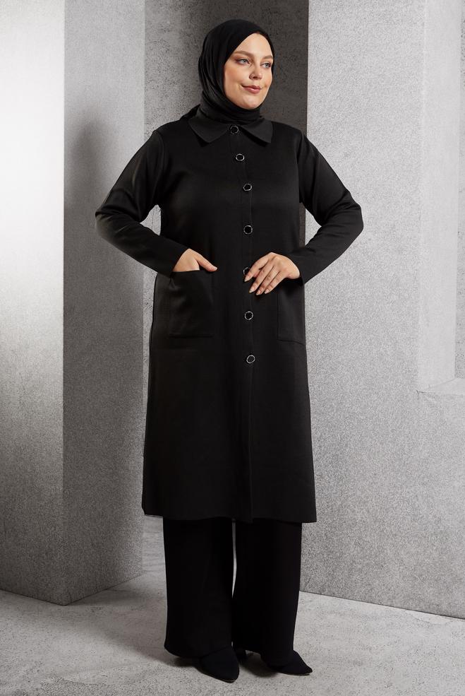 Hijab clothing BLACK PLUS SIZE KNITWEAR CARDIGAN 20607 - ALVİNA