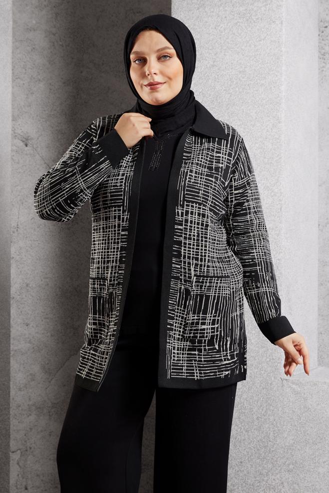 Hijab clothing BLACK PATTERNED KNITWEAR CARDIGAN 20609 - ALVİNA