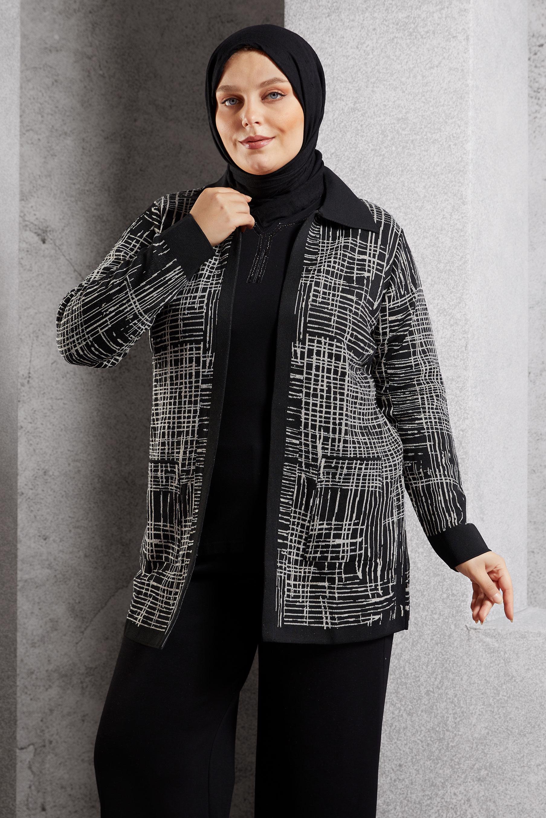 Vêtements hijab NOIR CARDIGAN EN MAILLE À MOTIFS 20609
