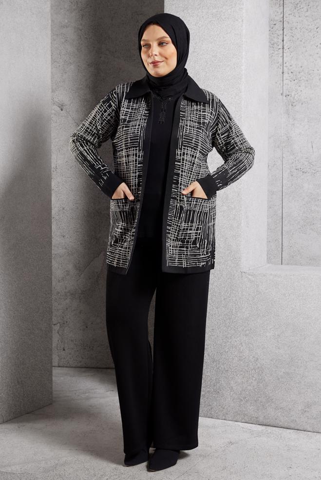 Hijab clothing BLACK PATTERNED KNITWEAR CARDIGAN 20609 - ALVİNA