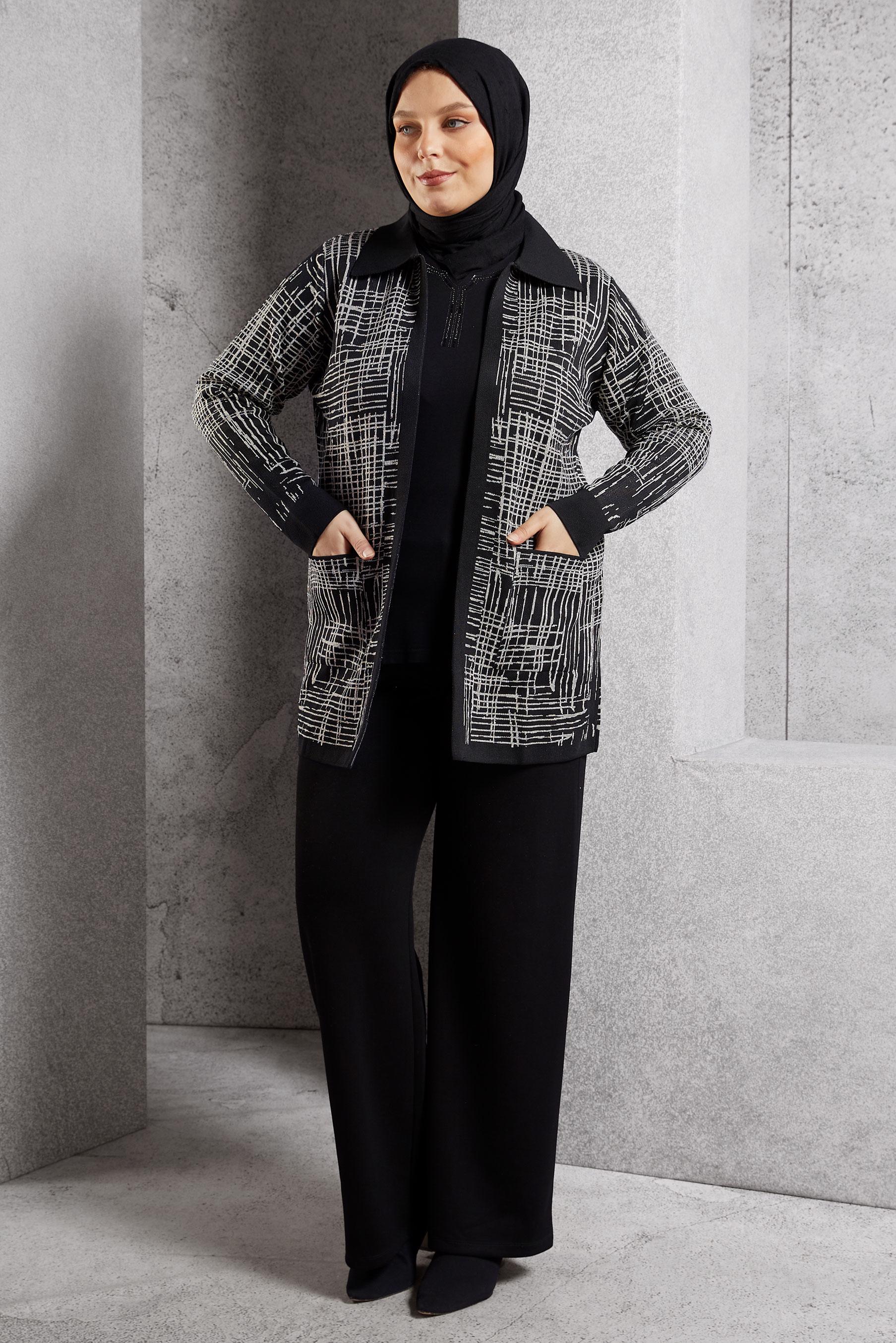 Vêtements hijab NOIR CARDIGAN EN MAILLE À MOTIFS 20609
