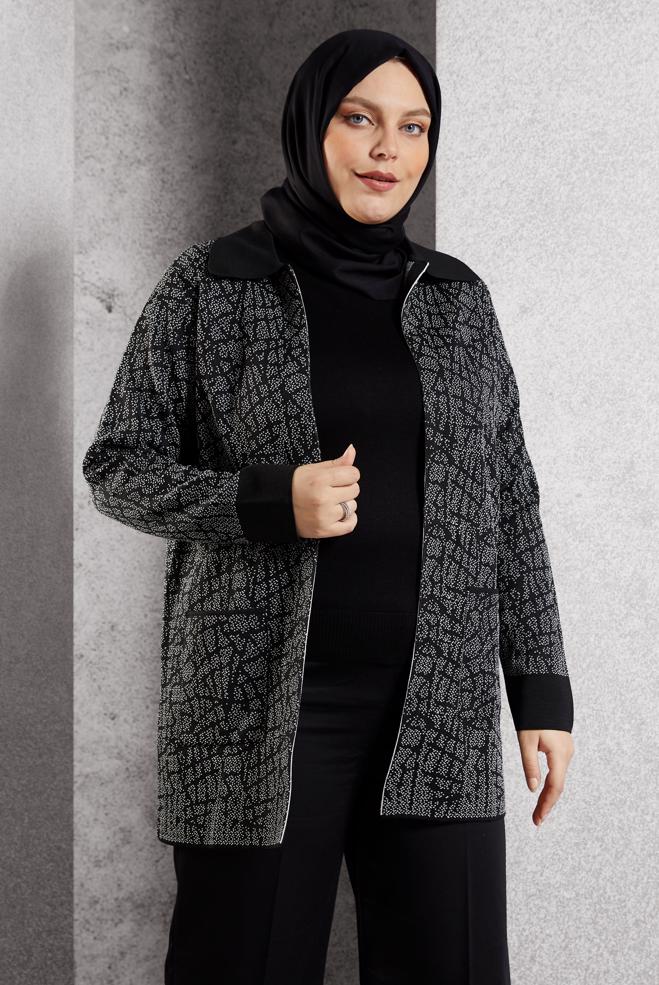 Vêtements hijab NOIR CARDIGAN EN MAILLE GRANDE TAILLE 20611 - ALVİNA