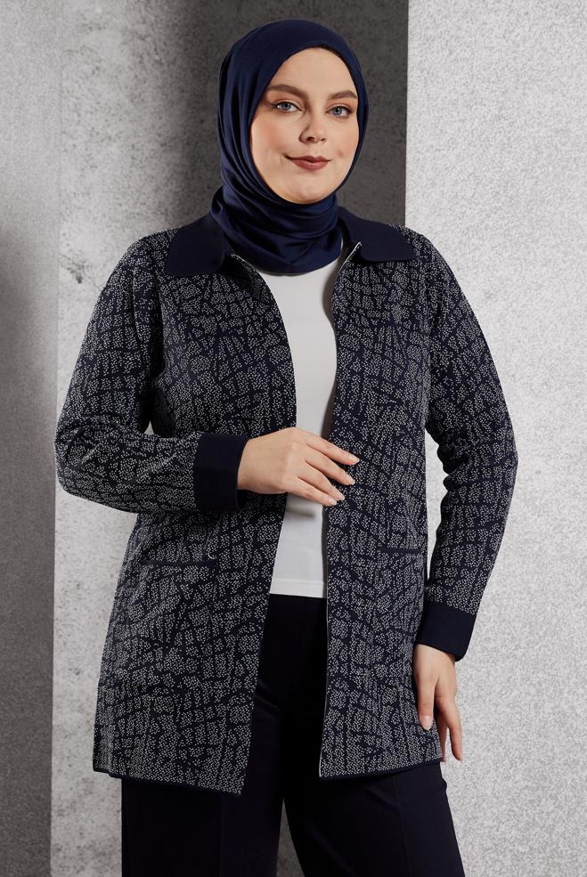 Vêtements hijab BLEU MARINE CARDIGAN EN MAILLE GRANDE TAILLE 20611 - ALVİNA