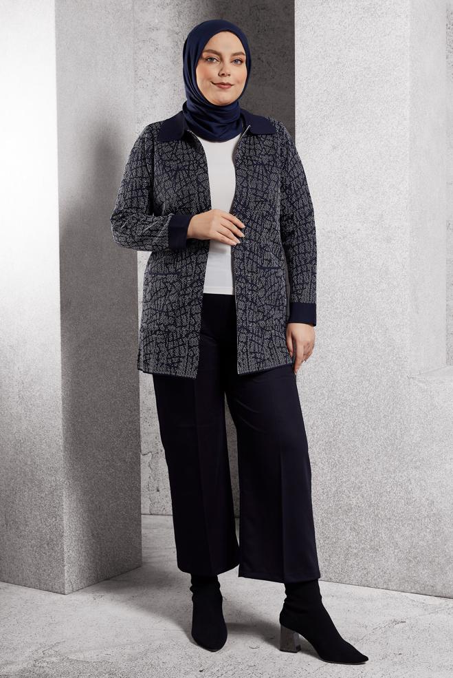 Vêtements hijab BLEU MARINE CARDIGAN EN MAILLE GRANDE TAILLE 20611 - ALVİNA