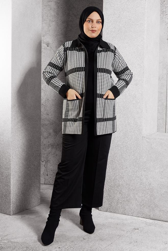 Hijab clothing BLACK PATTERNED KNITWEAR CARDIGAN 20614 - ALVİNA