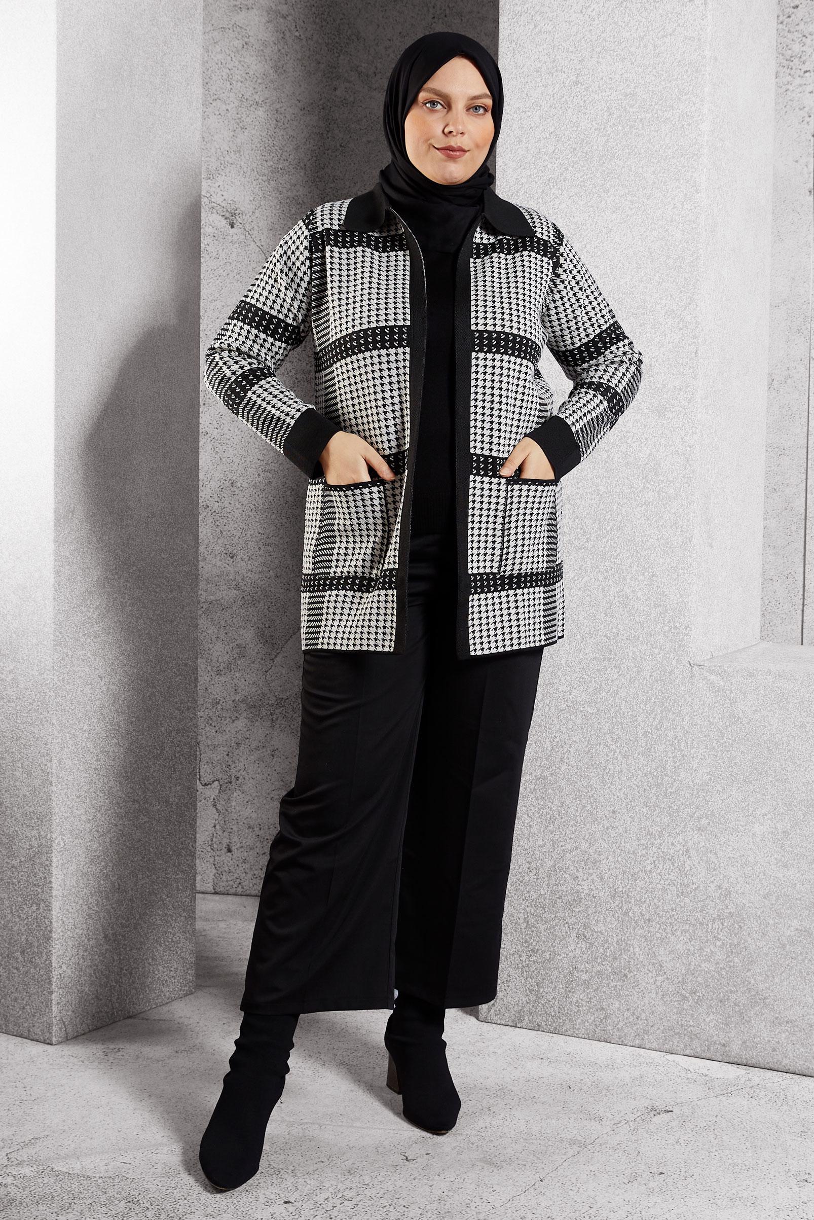 Hijab clothing BLACK PATTERNED KNITWEAR CARDIGAN 20614