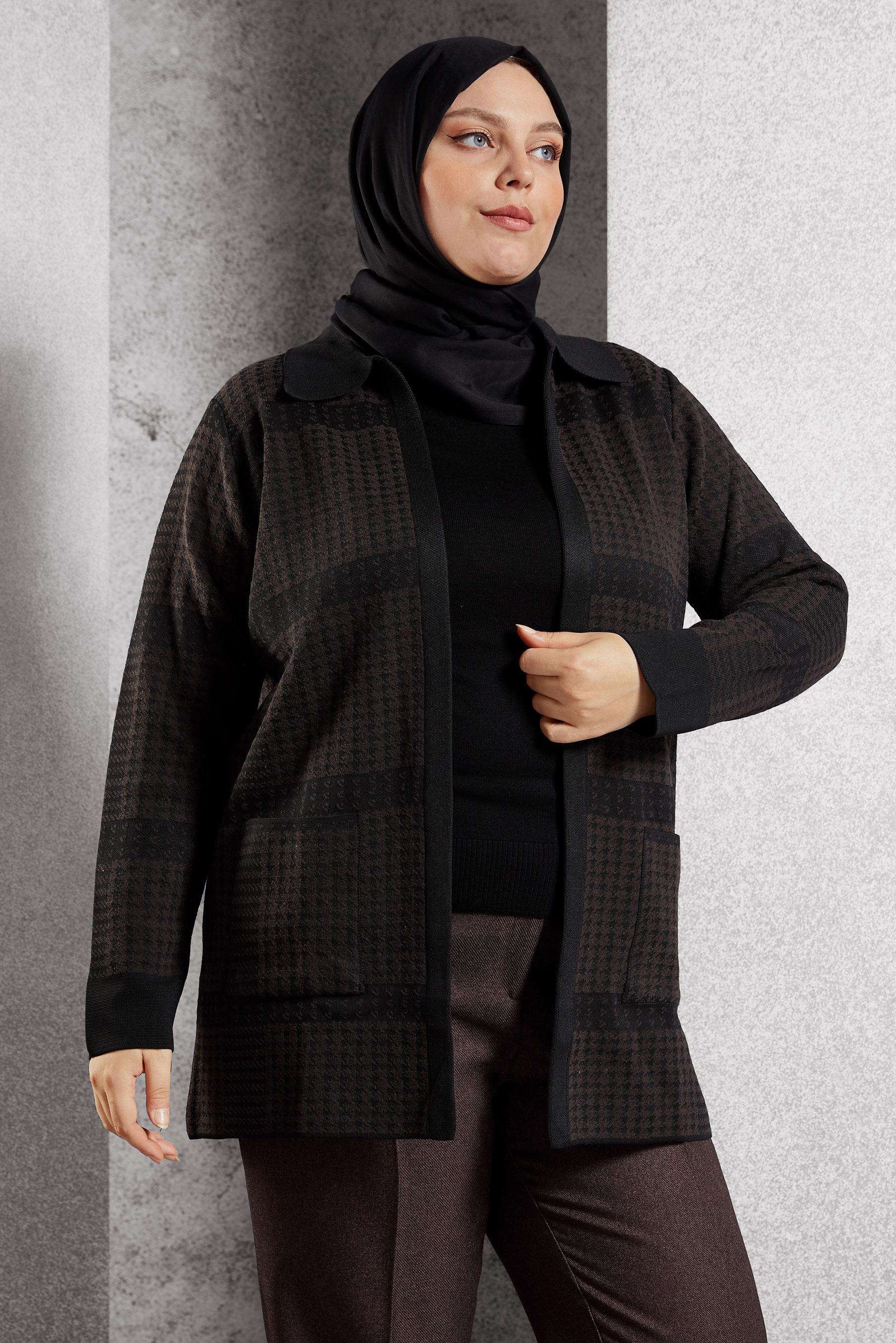 Hijab clothing BROWN PATTERNED KNITWEAR CARDIGAN 20614