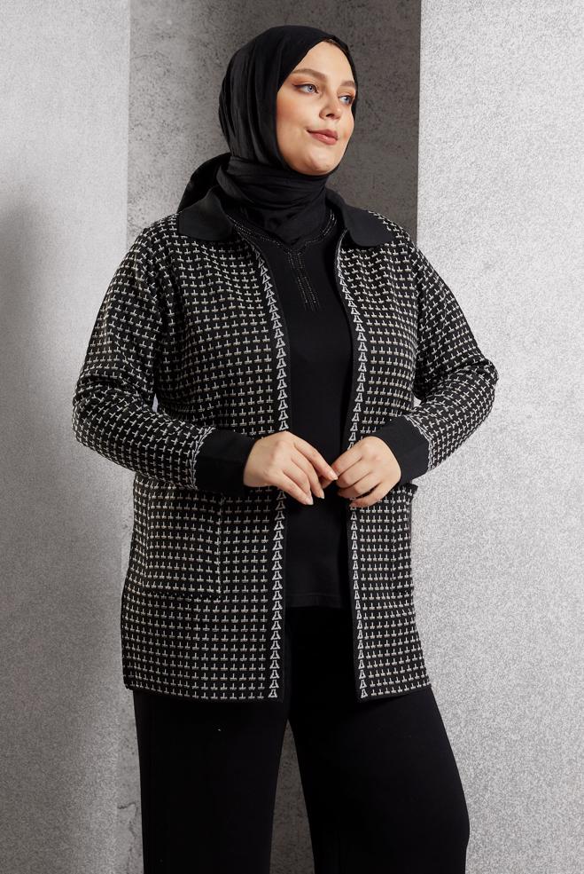 Hijab clothing BLACK PATTERNED KNITWEAR CARDIGAN 20616 - ALVİNA