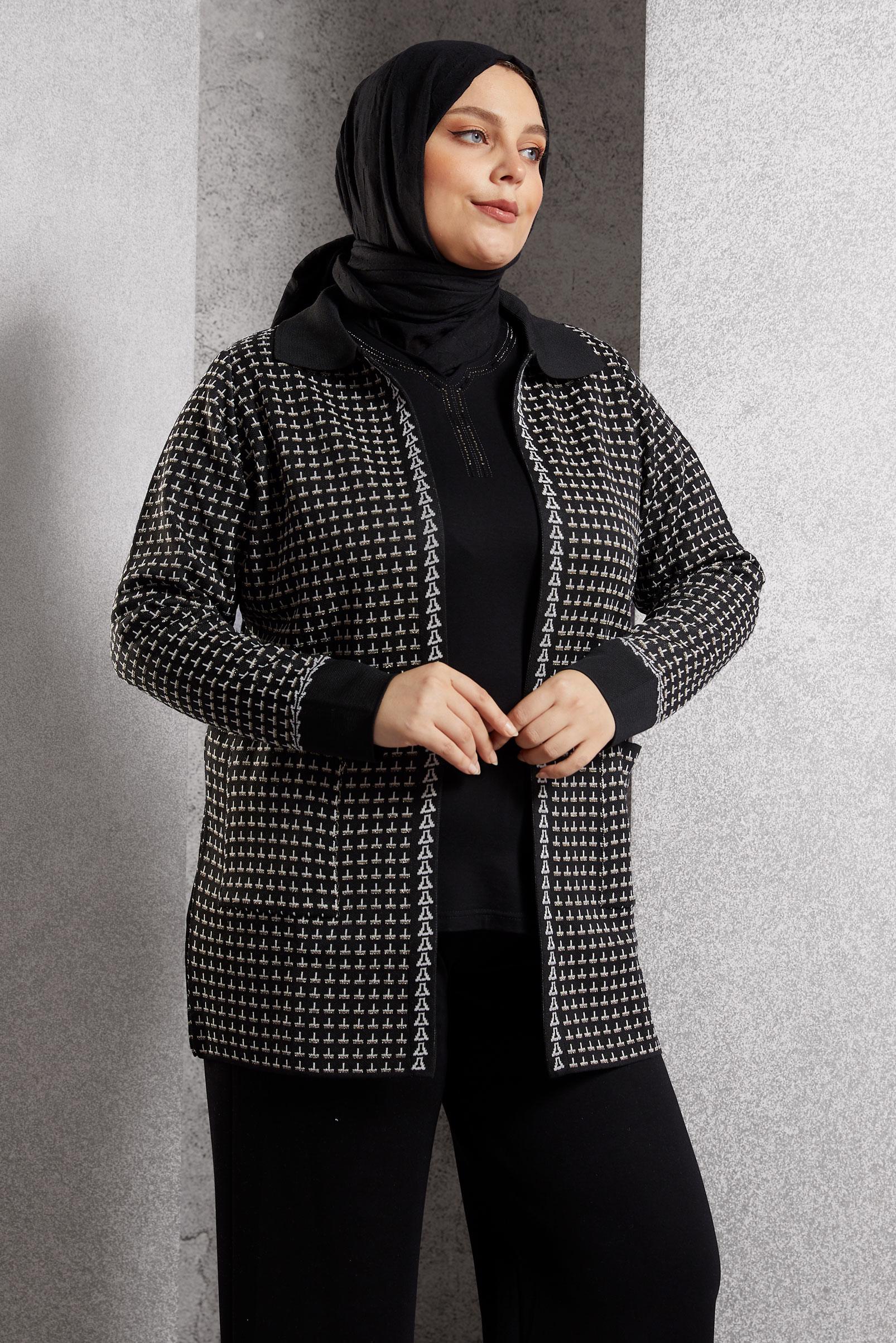 Tesettür giyim SİYAH DESENLİ TRİKO HIRKA 20616