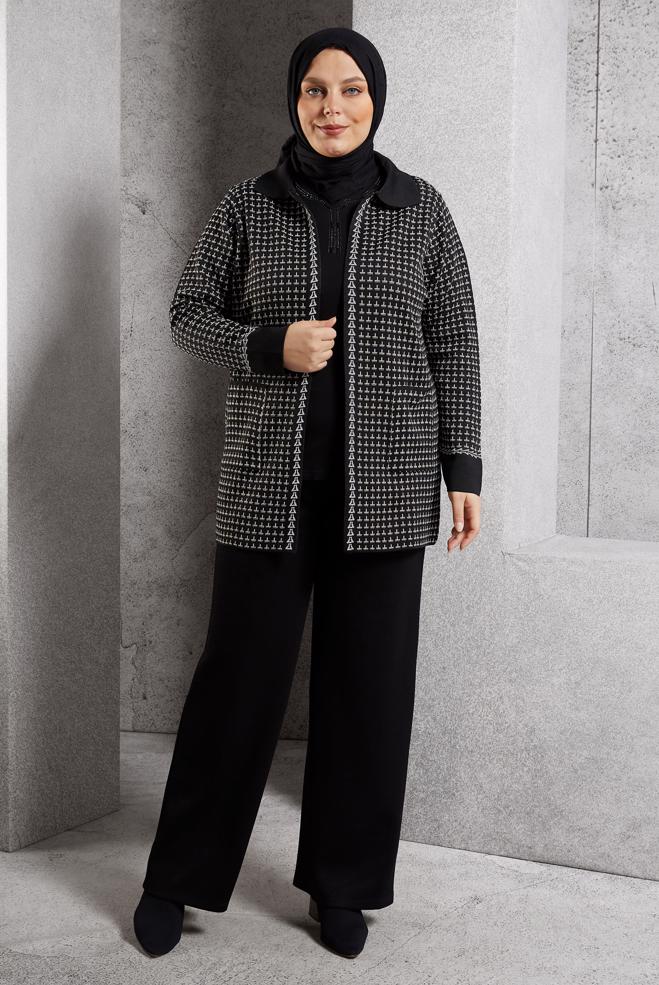 Hijab clothing BLACK PATTERNED KNITWEAR CARDIGAN 20616 - ALVİNA