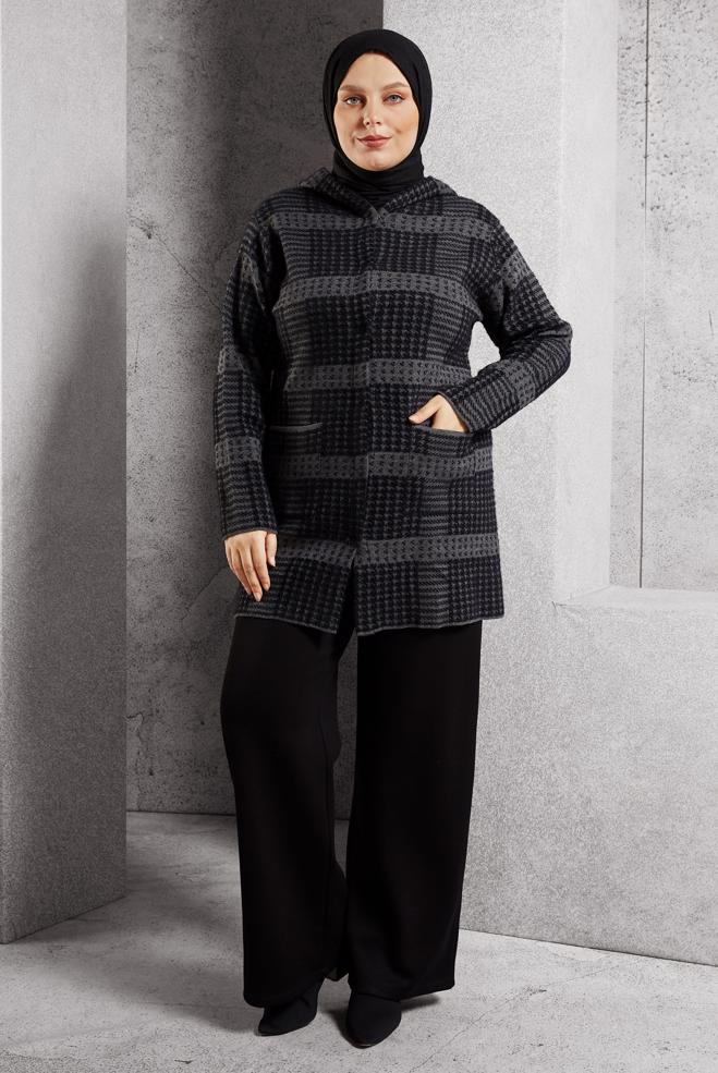 Hijab clothing GREY HOODED KNITWEAR CARDIGAN 20617 - ALVİNA