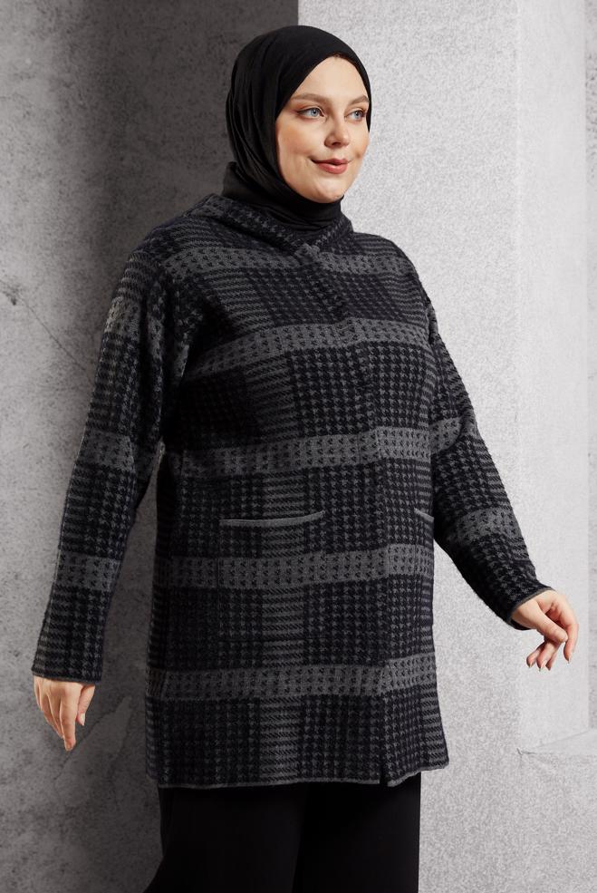 Hijab clothing GREY HOODED KNITWEAR CARDIGAN 20617 - ALVİNA