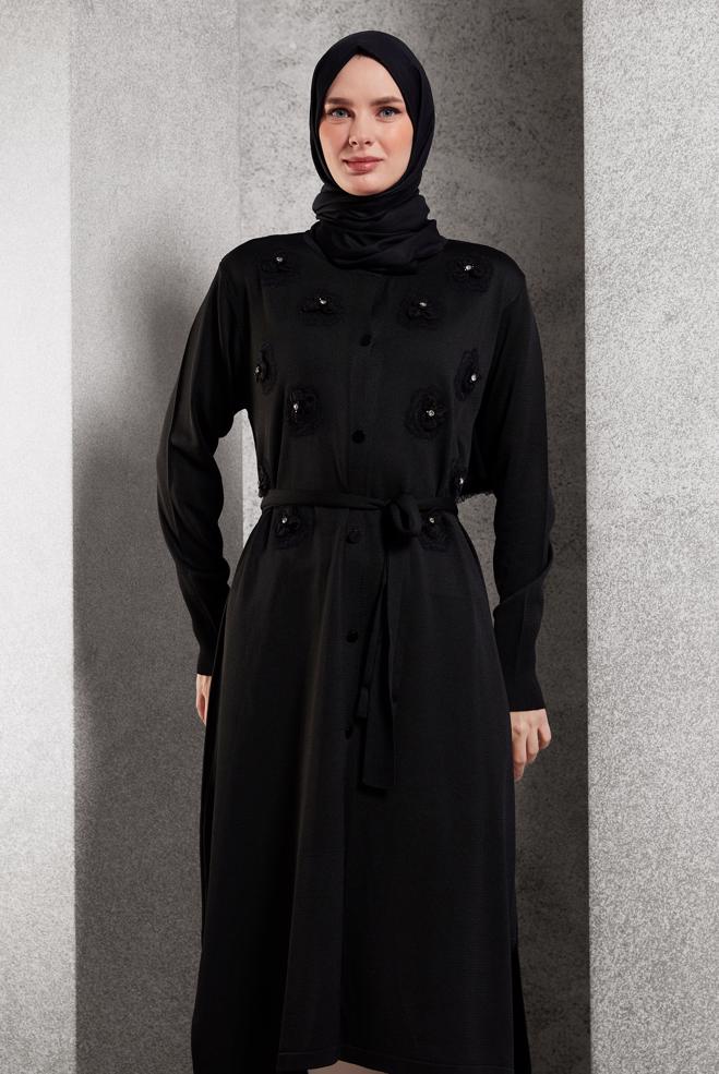 Hijab clothing BLACK BELTED KNITWEAR CARDIGAN 44996 - ALVİNA