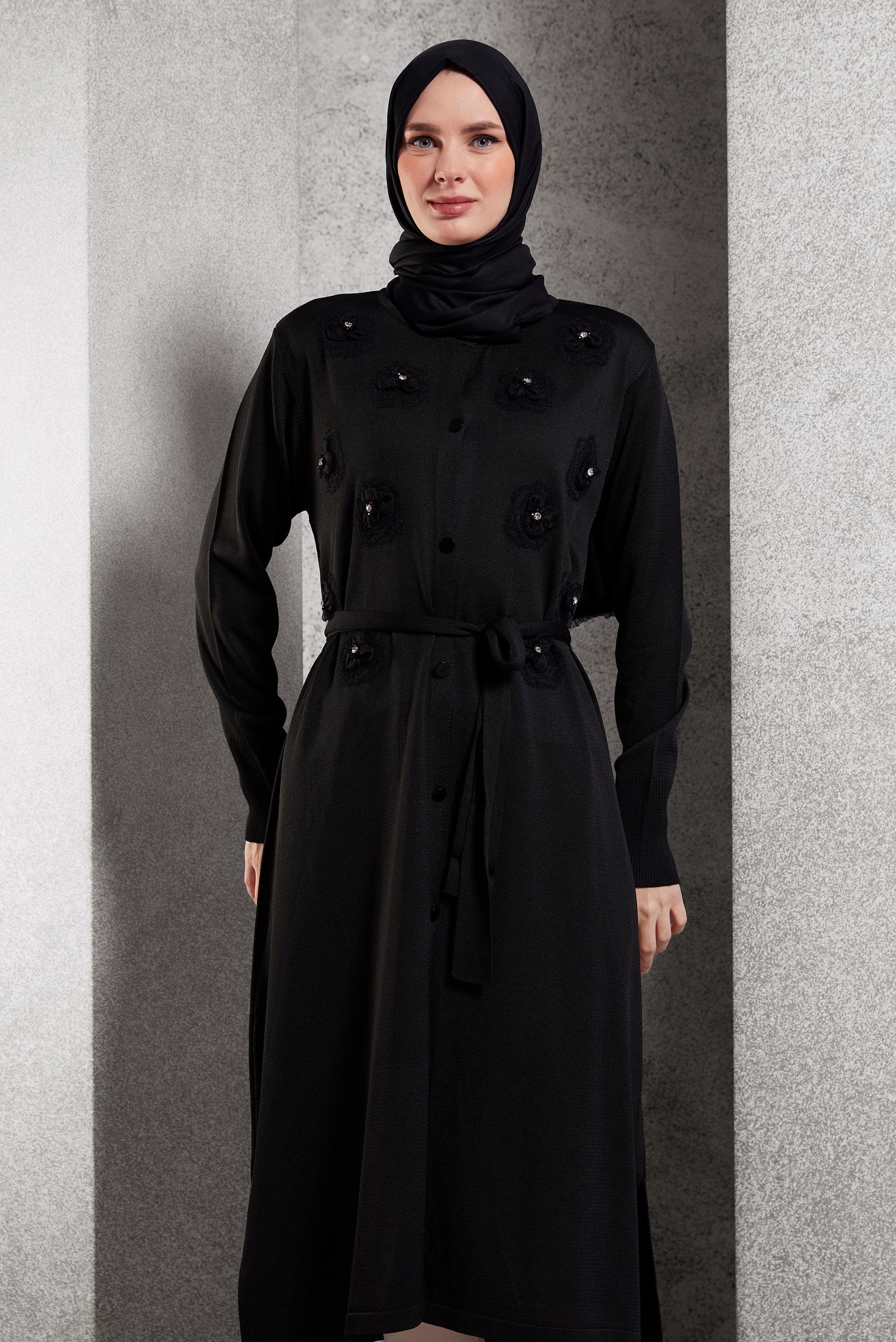 Hijab clothing BLACK BELTED KNITWEAR CARDIGAN 44996