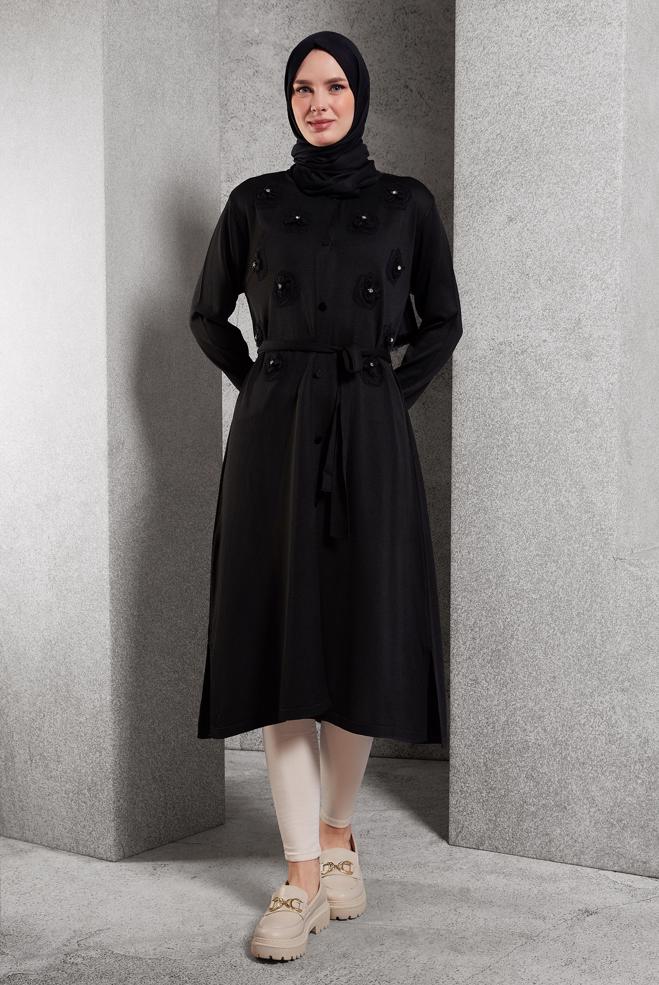 Hijab clothing BLACK BELTED KNITWEAR CARDIGAN 44996 - ALVİNA