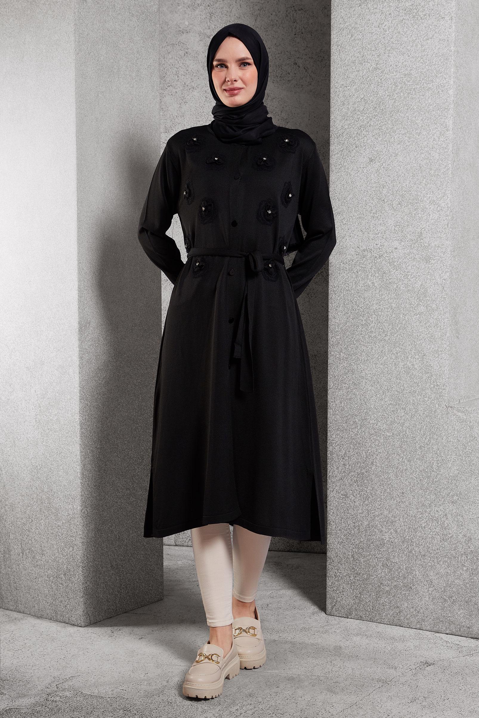 Hijab clothing BLACK BELTED KNITWEAR CARDIGAN 44996