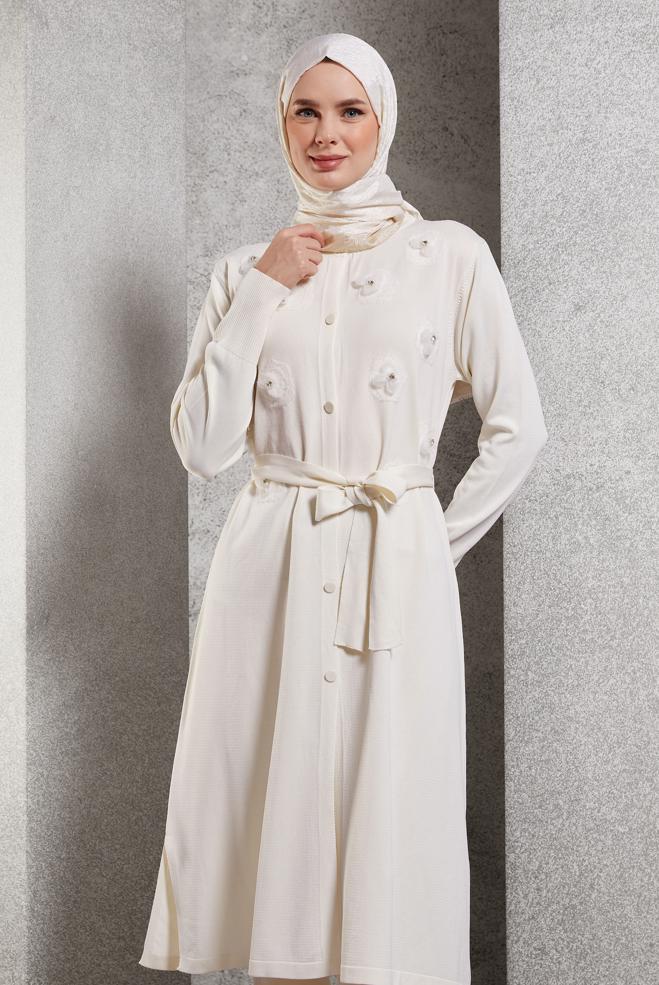 Hijab clothing WHITE BELTED KNITWEAR CARDIGAN 44996 - ALVİNA