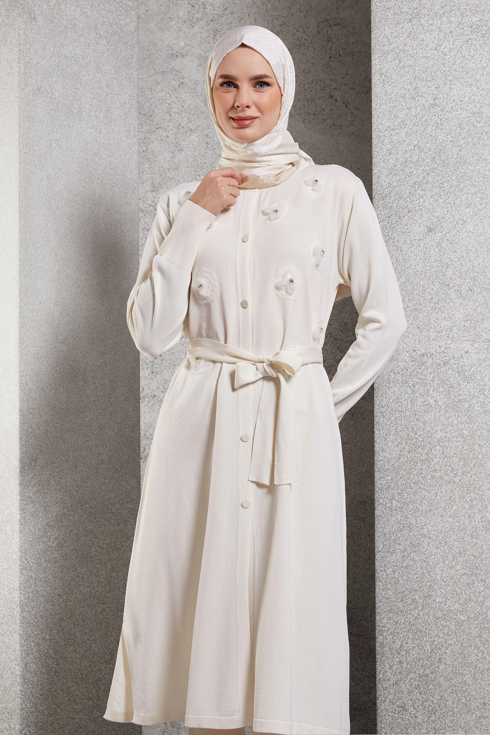 Hijab clothing WHITE BELTED KNITWEAR CARDIGAN 44996